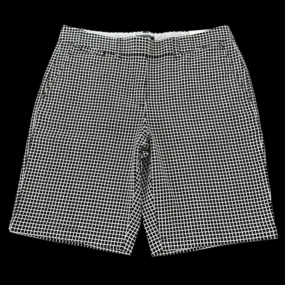 NWT Lands End size 12 Black Grid Check Mid Rise Bermuda Shorts Cotton Stretch